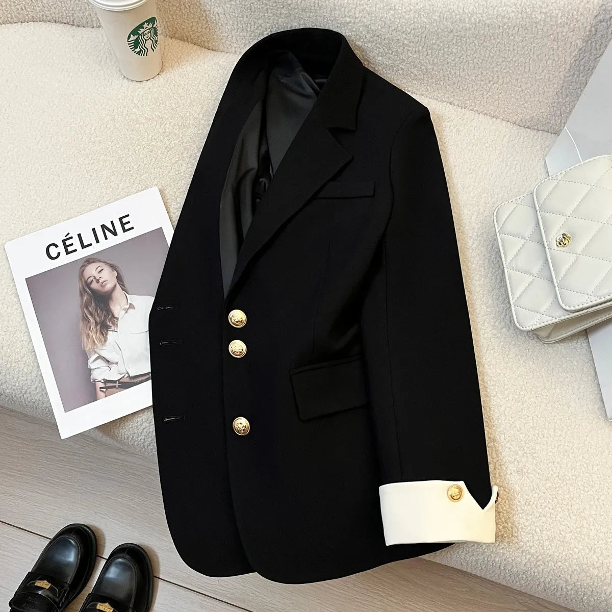 Women's loose mid-length coat in Korean style with long sleeves and pocket details