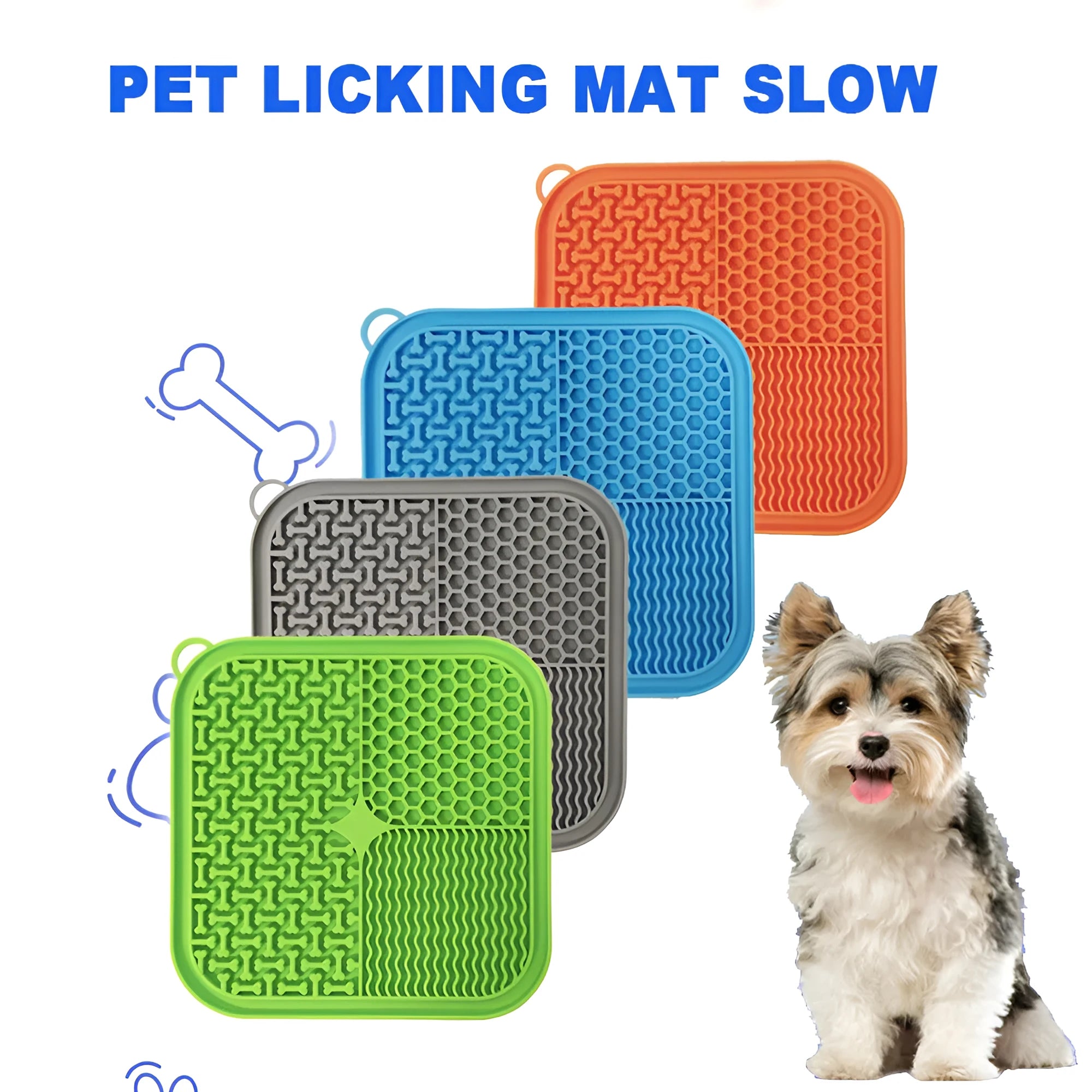 Blue silicone dog lick mat with textured surface and suction cups on back, shown on a tiled floor.