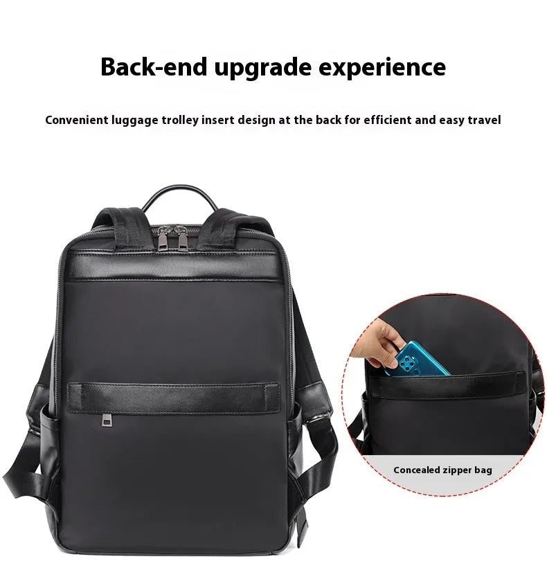 Black genuine leather men's computer backpack with woven details and ergonomic back plate