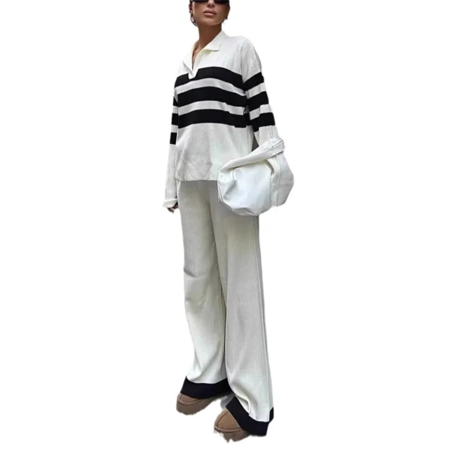 Women's black and white striped knitted polo collar two-piece set with long sleeve top and trousers