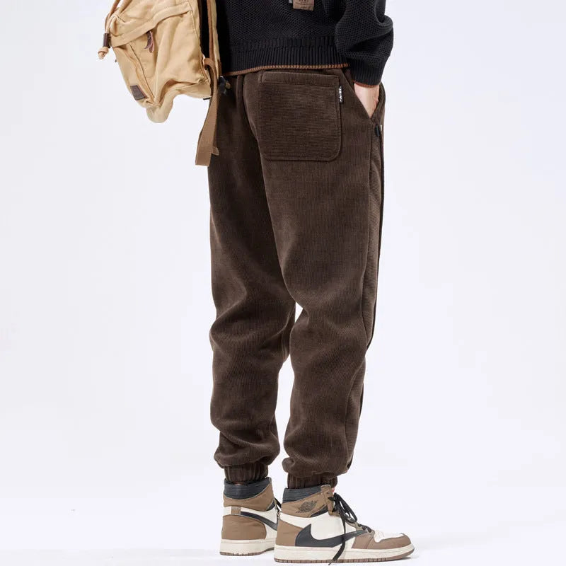 Men's corduroy ankle-tie casual sports pants, retro Japanese style, polyester, solid colour