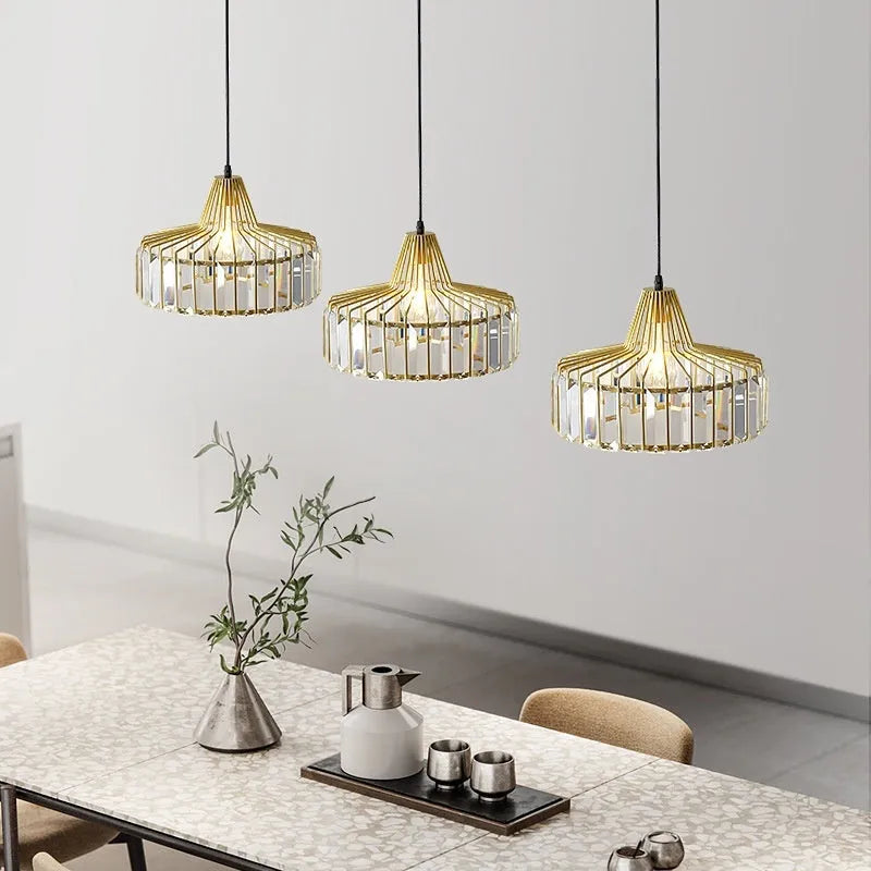 Modern crystal ceiling pendant lamp with LED lighting in gold finish showing crystal decorative elements