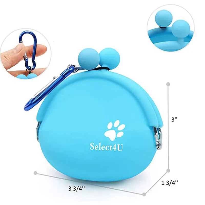 Yellow silicone pouch with hook-and-loop closure for dog treats, shown on a waistband.