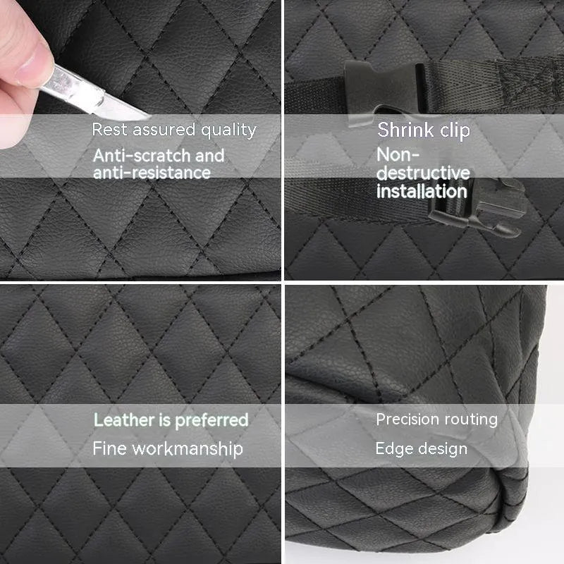 Leather hanging storage bag for car interiors in black colour with 25cm dimensions