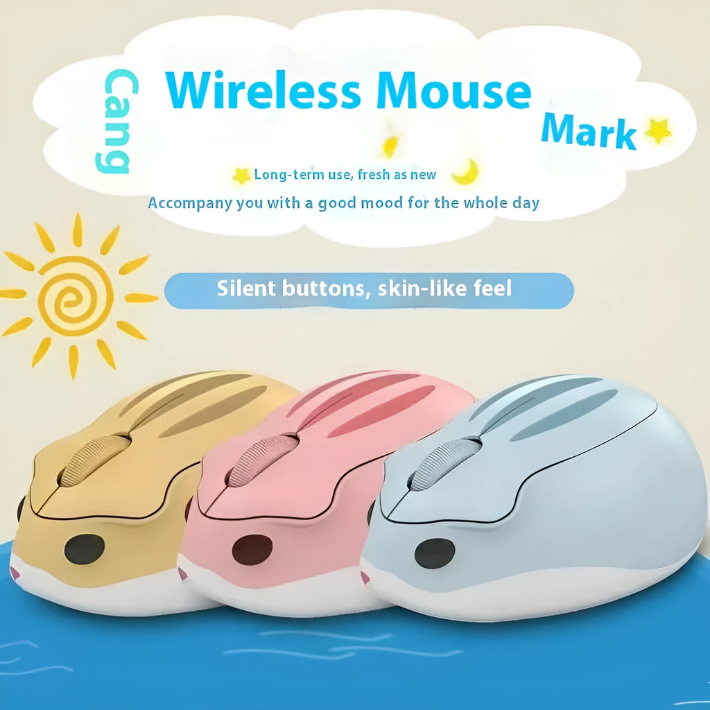 Hamster wireless Bluetooth silent mouse in yellow, pink and grey colour options showing compact design