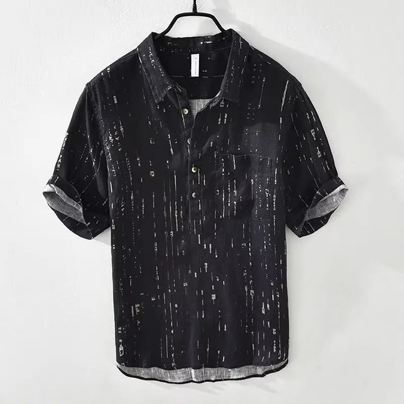 Men's black and white short-sleeved polo shirt with lapel collar and loose cardigan fit