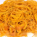 500g pack of assorted size yellow rubber bands on a white background.