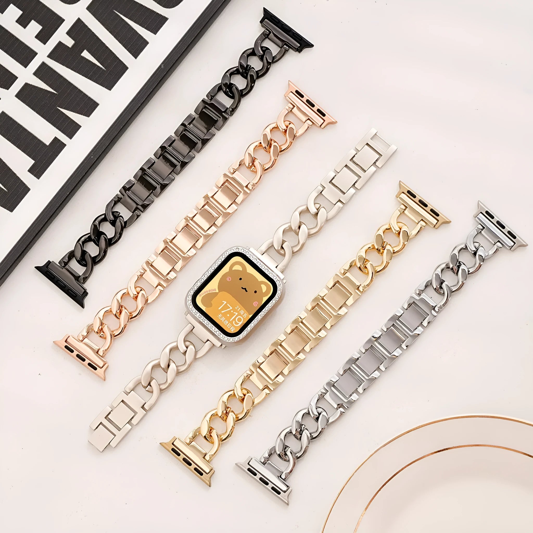 Denim-style cuff metal chain link Apple Watch replacement strap in silver, black, gold, rose gold, starlight.