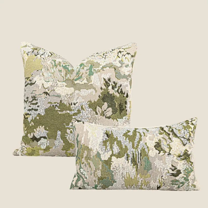 Abstract floral pattern pillow with French antique style in spring green wool blend feather velvet fabric