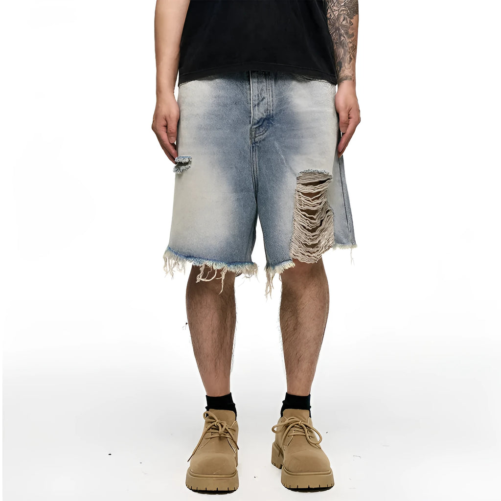 Light blue men's baggy denim shorts with a wide leg and mid waist on a plain background.