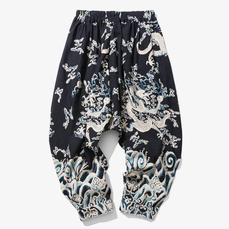 Men's dragon print harem pants with elastic waist and loose fit in multiple sizes from M to 3XL