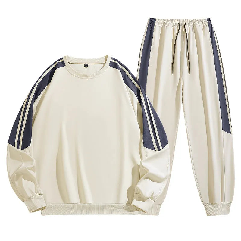 Men's casual round neck suit set in apricot colour with long sleeves and matching trousers