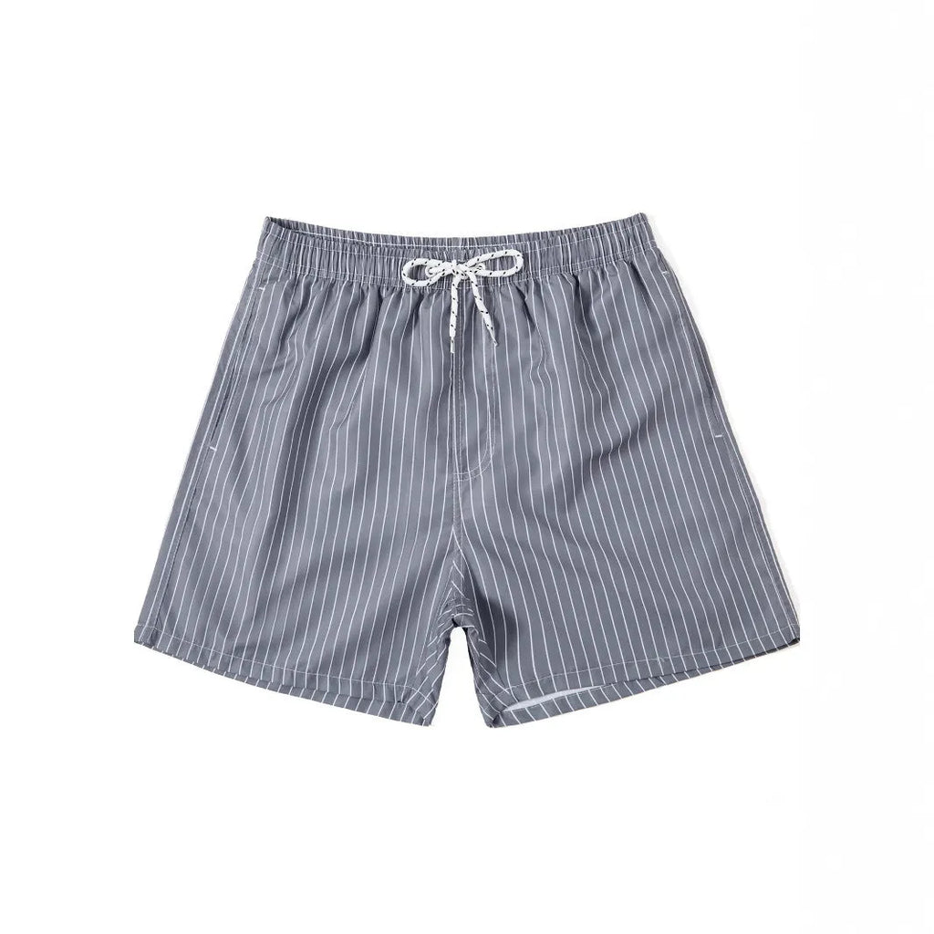 Striped men's beach shorts in navy blue with straight leg opening and polyester fabric