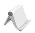 Black PE folding tablet stand holding a mobile phone at an angle on a wooden desk.