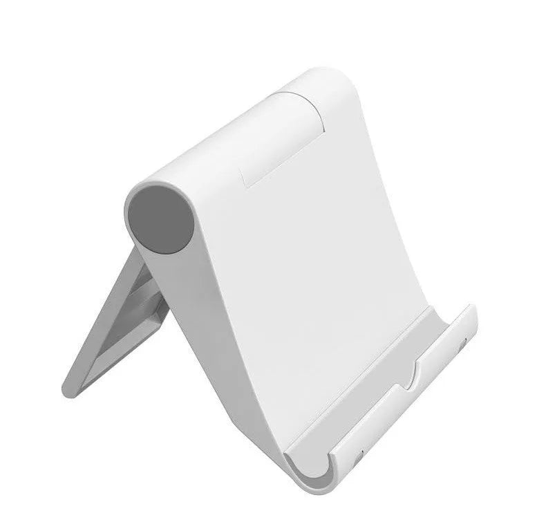 Black PE folding tablet stand holding a mobile phone at an angle on a wooden desk.