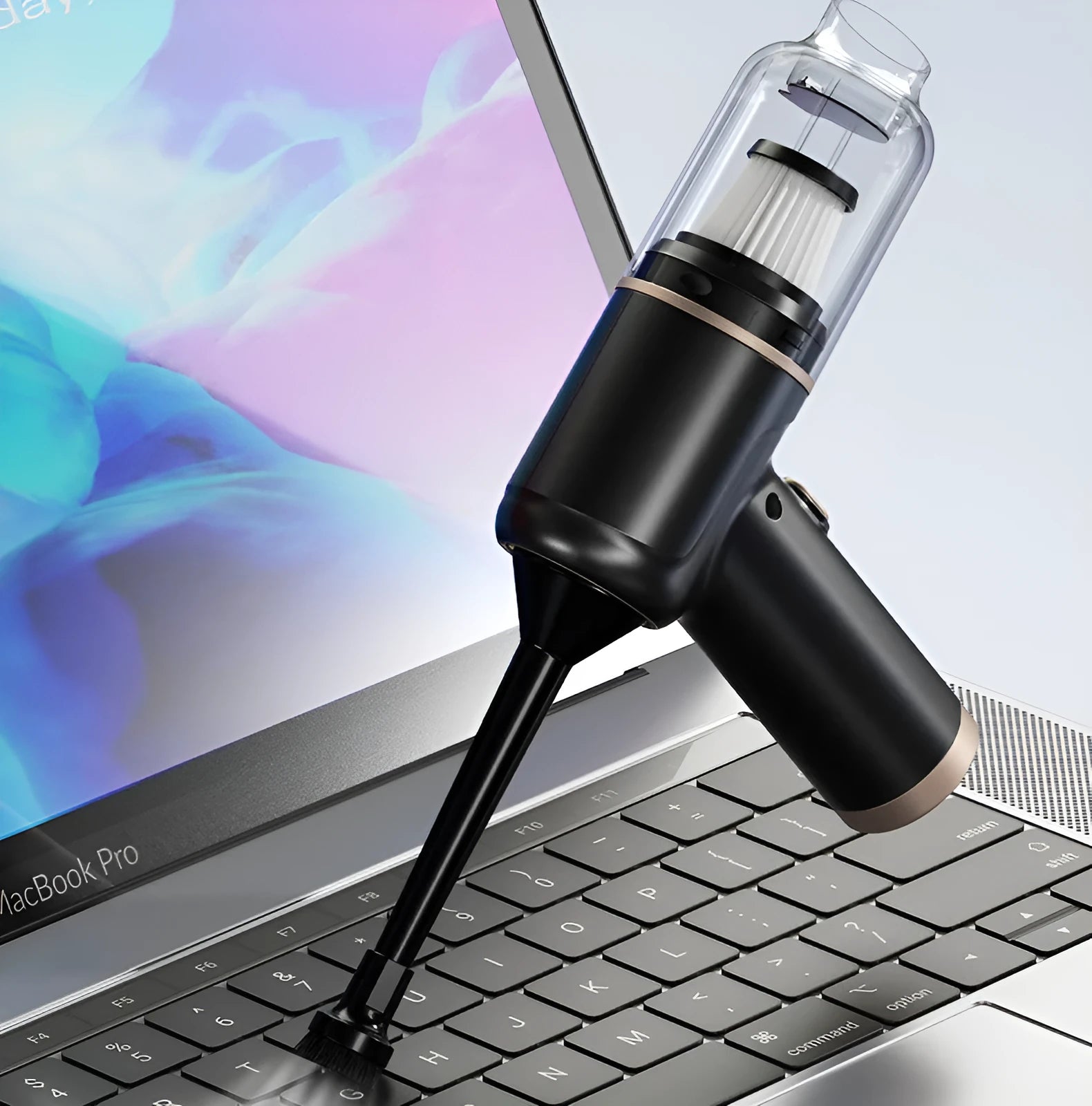 Black wireless handheld car vacuum cleaner with nozzle attachments and USB cable