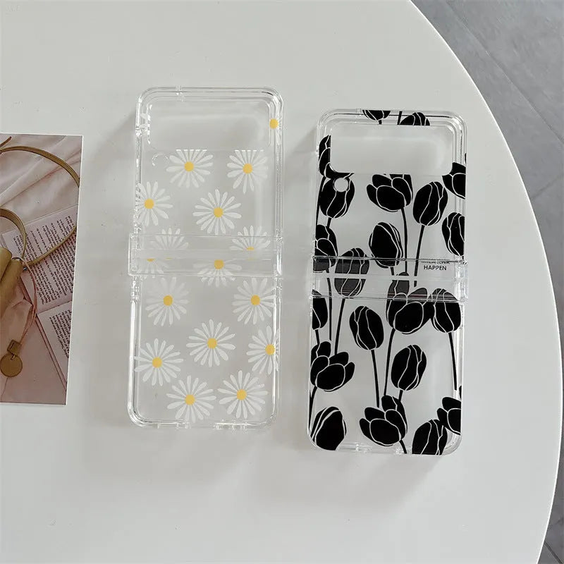 Samsung Galaxy Z Flip phone case with floral pattern in daisy or tulip colours