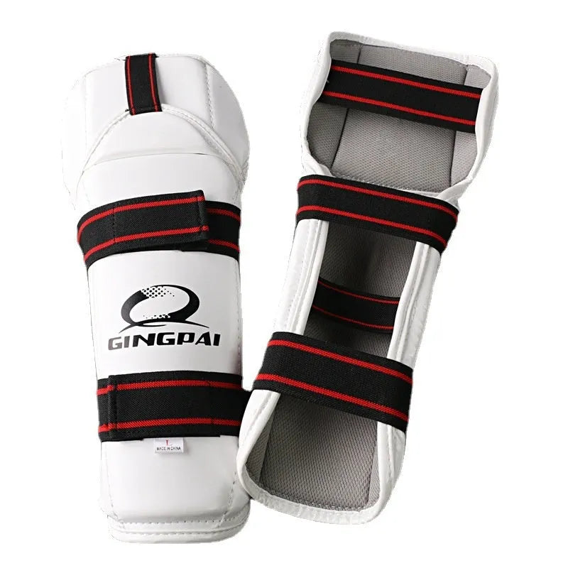 Taekwondo protective set showing black leg guards, arm guards, and elbow guards made from PU and EVA foam materials.