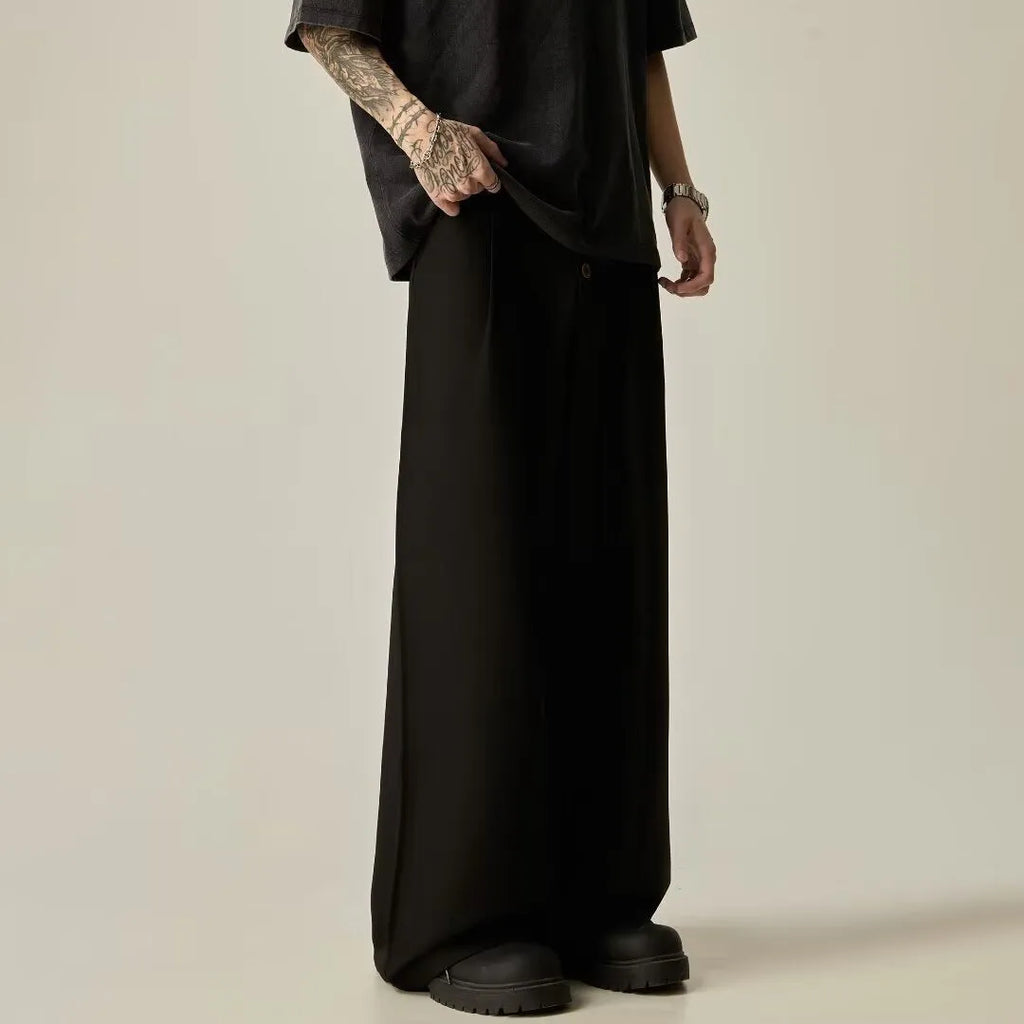 Men's black wide-leg casual trousers with vertical tube design and straight-leg styling