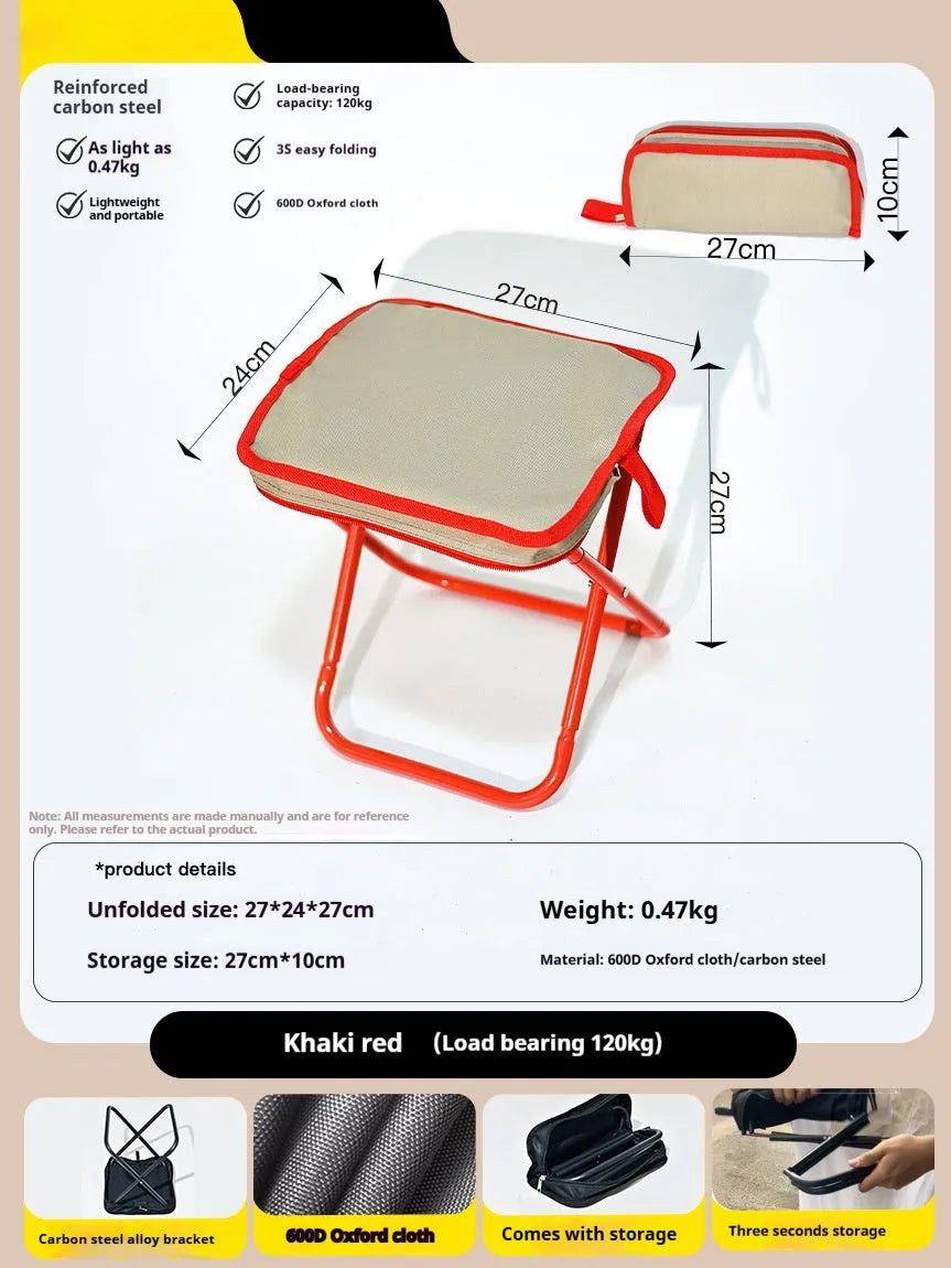 Lightweight foldable camp stool in Oxford cloth, shown in a khaki colour, folded for carrying.