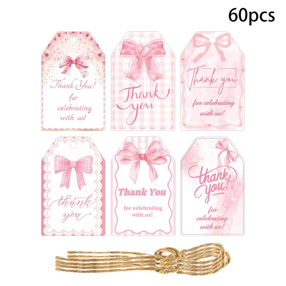 Birthday party theme gift label tags set with three design styles and hemp rope for present decoration