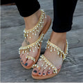Women brown flat sandals with pearl bead decorative string and rubber sole