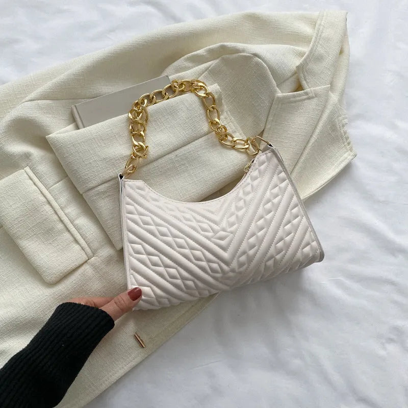 Brown PU leather pleated chain baguette shoulder bag with adjustable strap and soft carry handle