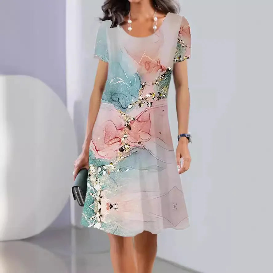 Women's floral print ice silk summer dress with A-line mid-length skirt and short sleeves