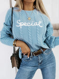 Blue crew neck pullover with embroidered letters design on chest