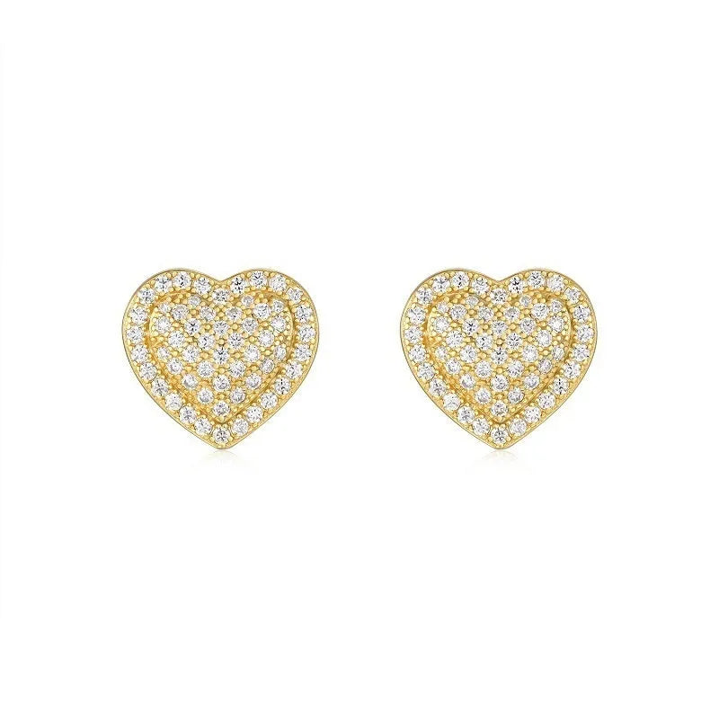 Golden heart-shaped moissanite stud earrings with S925 silver construction and simple fashion design