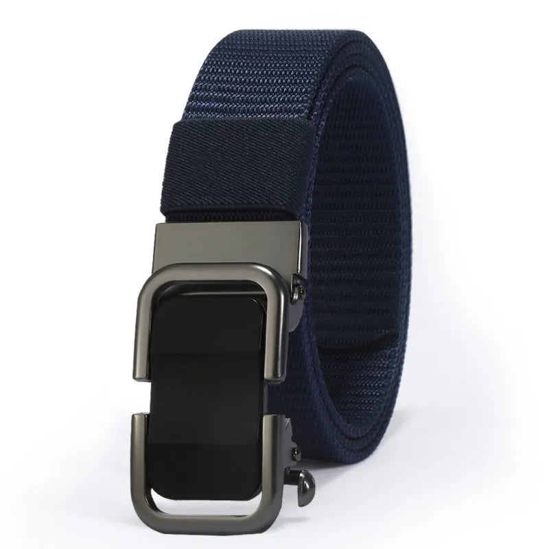 Men's nylon canvas belt in army green with an alloy buckle, laid flat showing 120cm length.