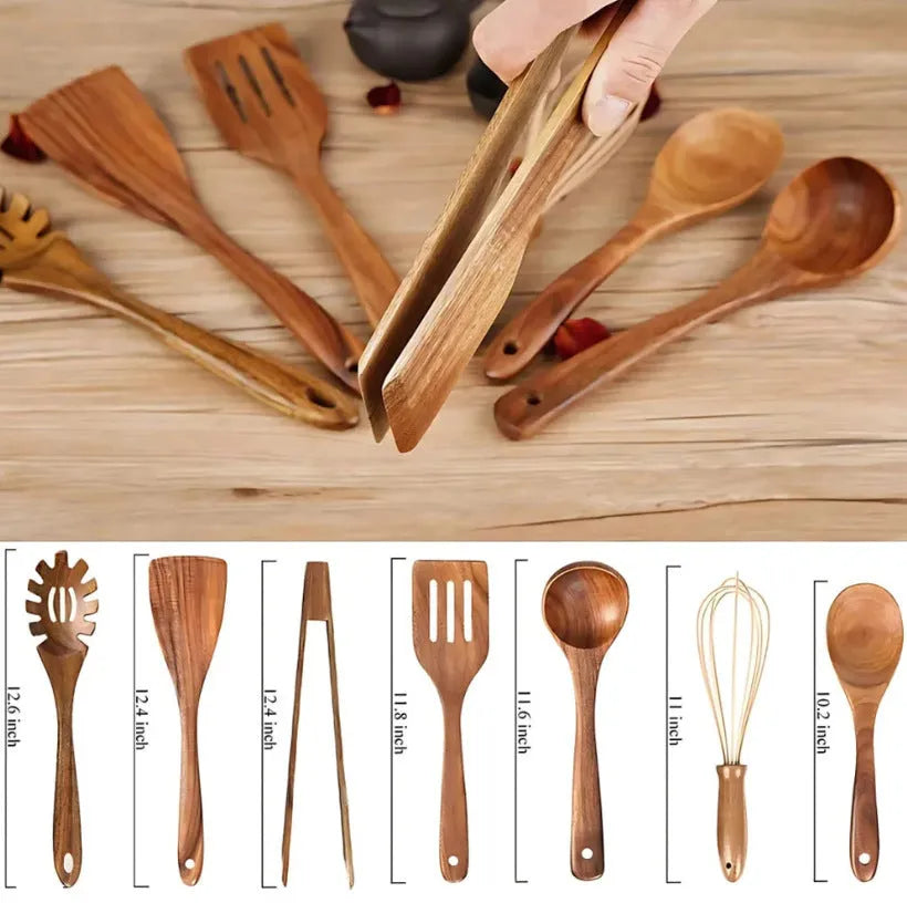 7-piece wooden cooking utensil set showing spoons and spatulas with non-slip handles