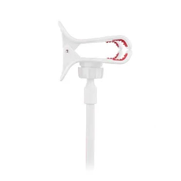 Black portable phone holder with long flexible arm and V-clip on a bedside table