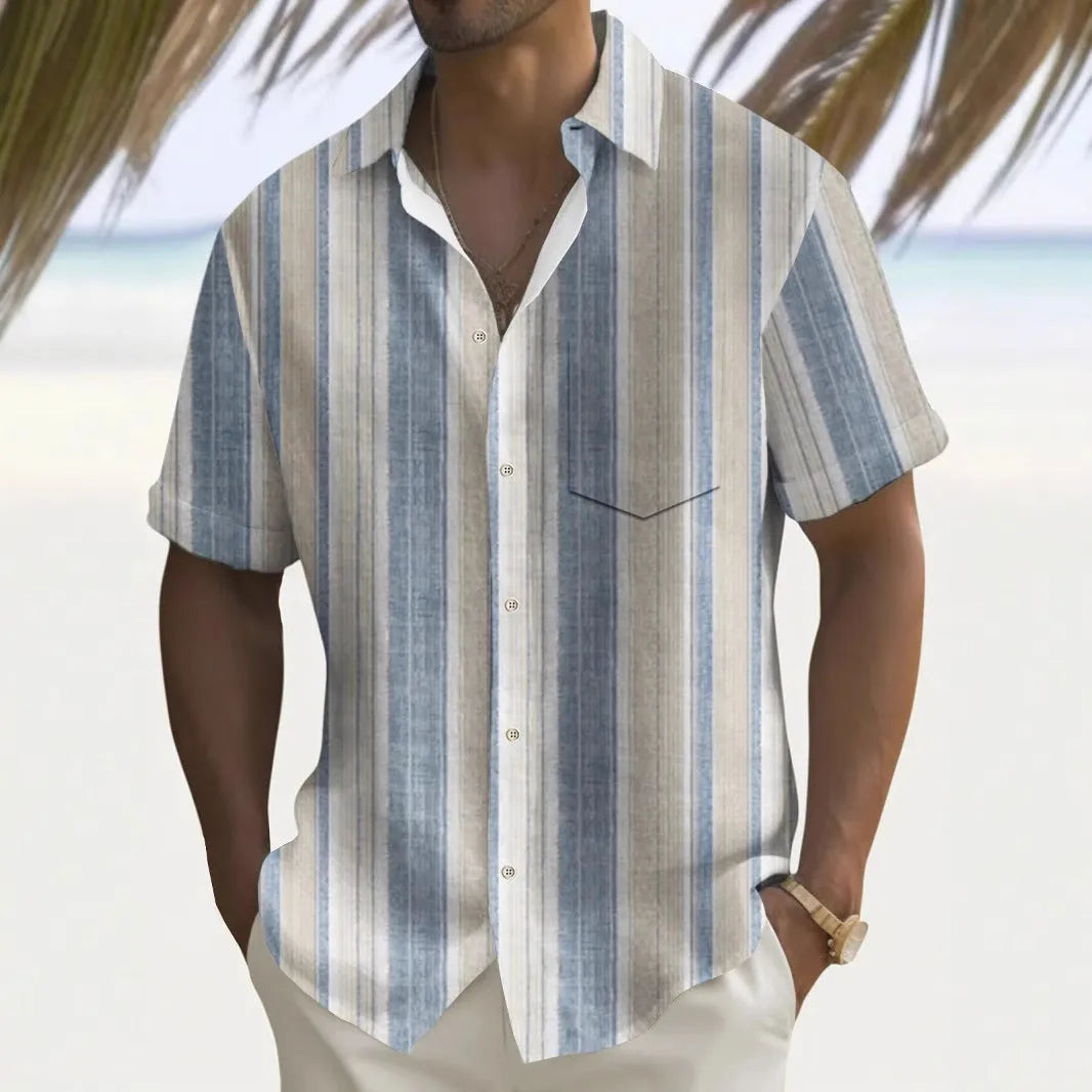 Multicolour printed men's loose fit cardigan-style leisure shirt on hanger