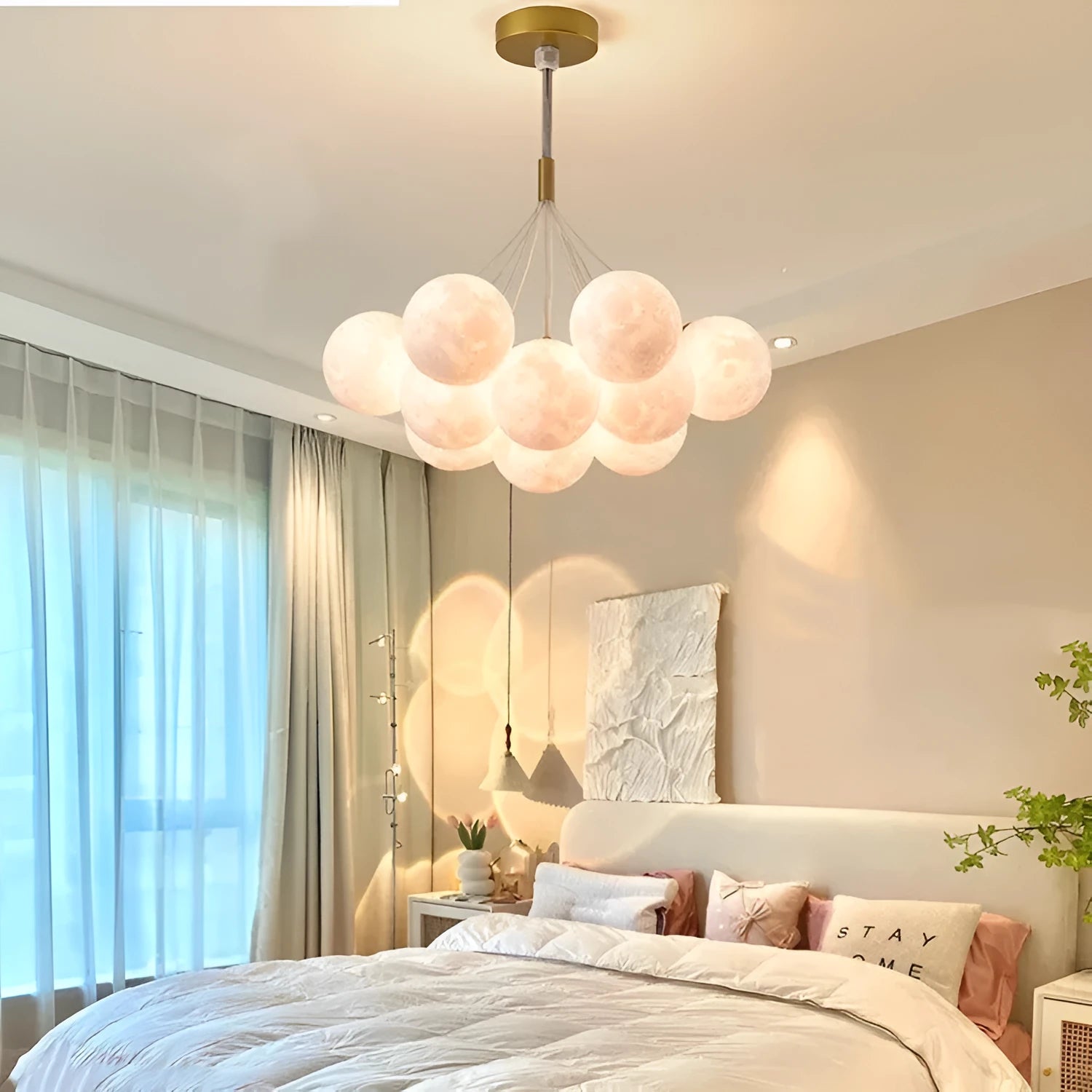 Nordic-style gold and black iron bedroom chandelier with moon bubble lights and PMMA lampshade