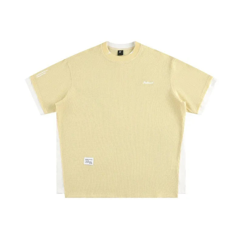Retro alphabet embroidered waffle fabric T-shirt in loose fit with fake two-piece styling
