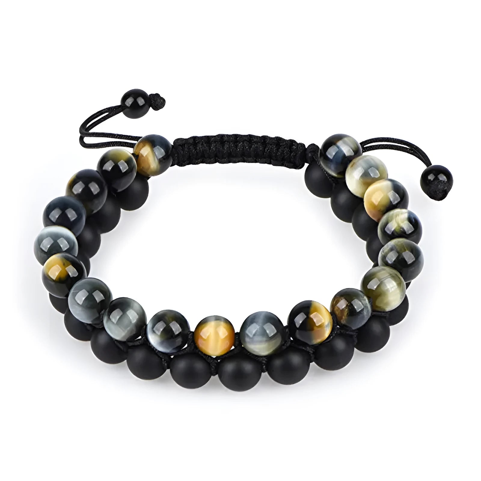 Pair of matte black agate bead bracelets with geometric design for couples.