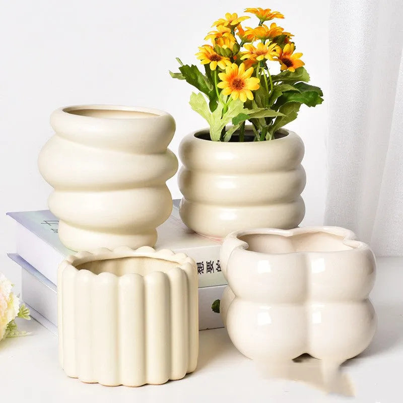 Roman column architectural ceramic flower pot in matte yellow finish with self-absorbent water-saving design