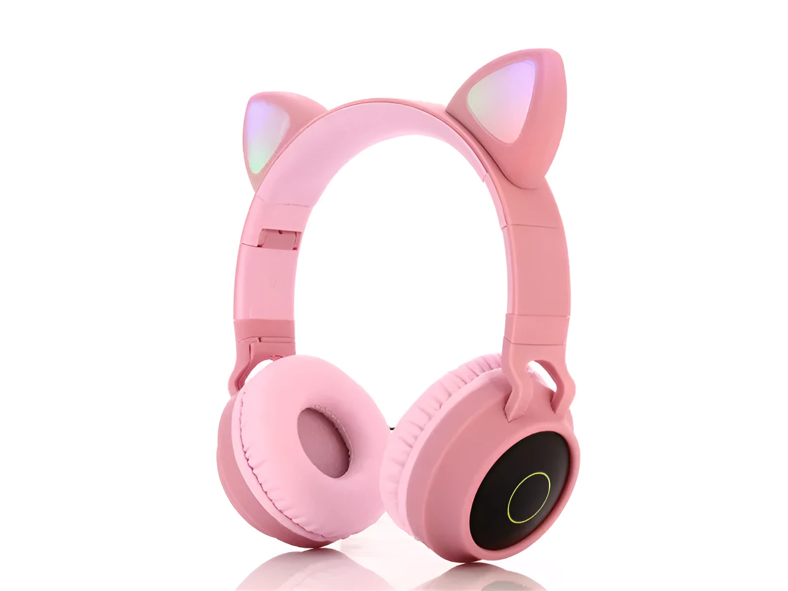 Cartoon-style wireless Bluetooth headset with cat ears, shown in a choice of five colours including green and pink.