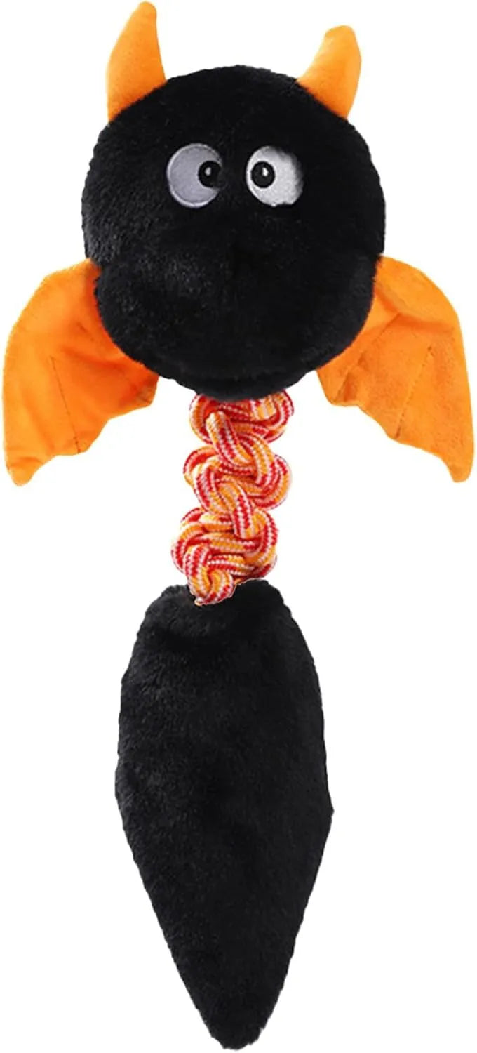 Large plush dog toy in red with cartoon design, featuring a rope knot and suitable for aggressive chewers