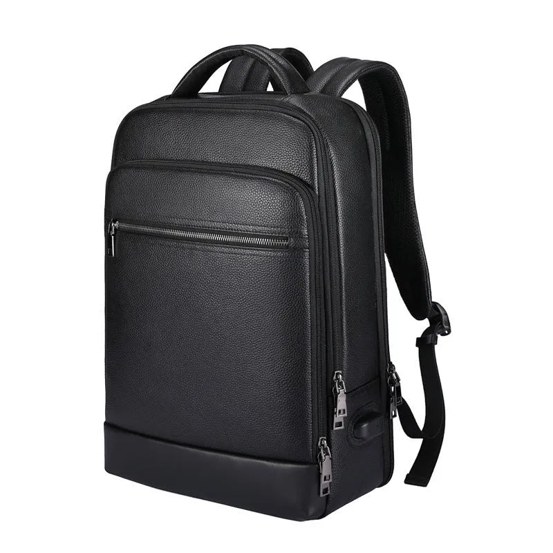 Black genuine leather men's business backpack with curved shoulder straps and sewing line details