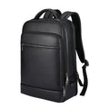 Black genuine leather men's business backpack with curved shoulder straps and sewing line details