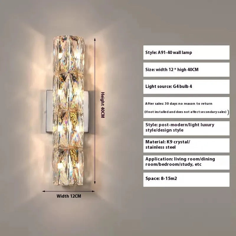 Crystal wall lamp with metallic finish and LED tri-colour lighting in multiple size options