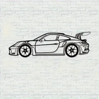 Black iron metal sports car wall art decoration against a wall