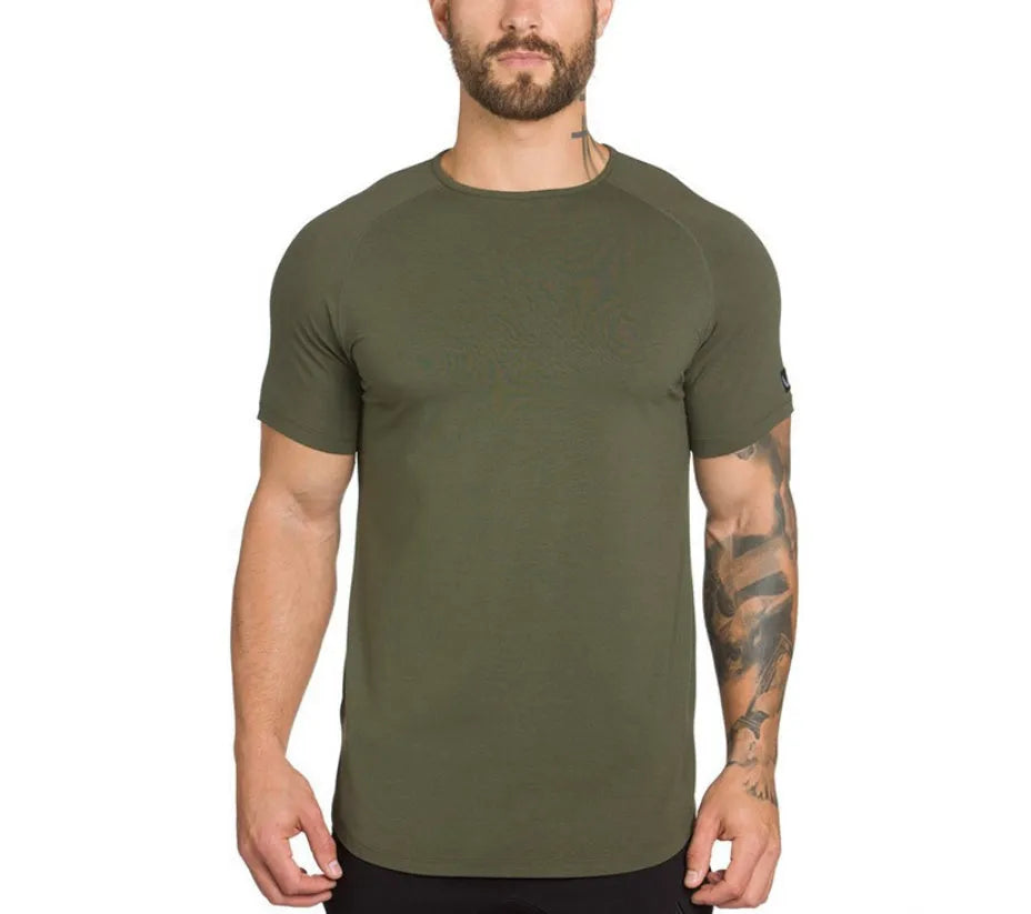 Mens plain cotton-spandex gym shirt for fitness training in army green, black and white colours