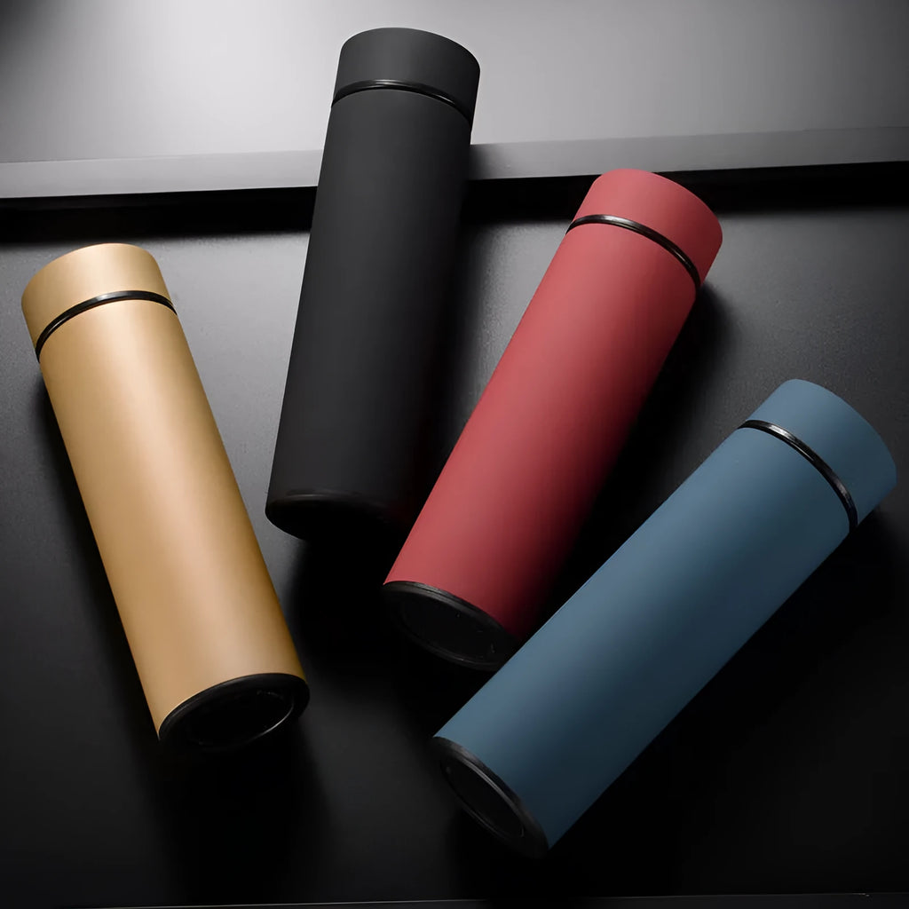 450ml stainless steel vacuum water bottle in black, red, gold, and blue colours with double wall insulation