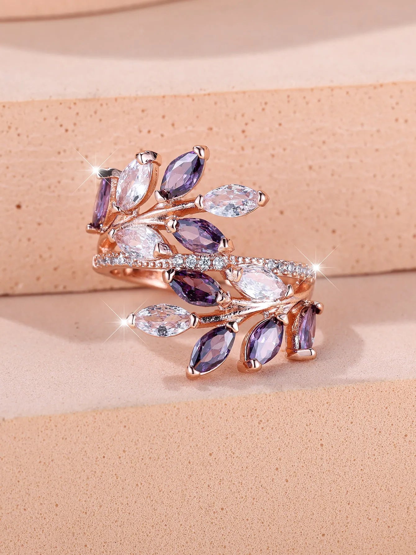 Adjustable copper leaf ring with horse eye zircon accents in multiple colour variations