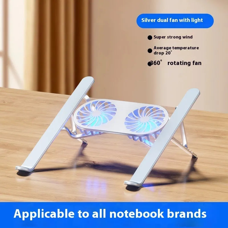 Silver aluminium laptop stand with twin cooling fans in a lifted position on a desk