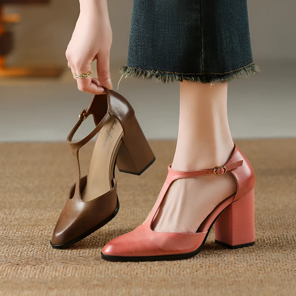 Women's retro pointed-toe Mary Jane shoes with a buckle, in pink or dark brown cowhide.