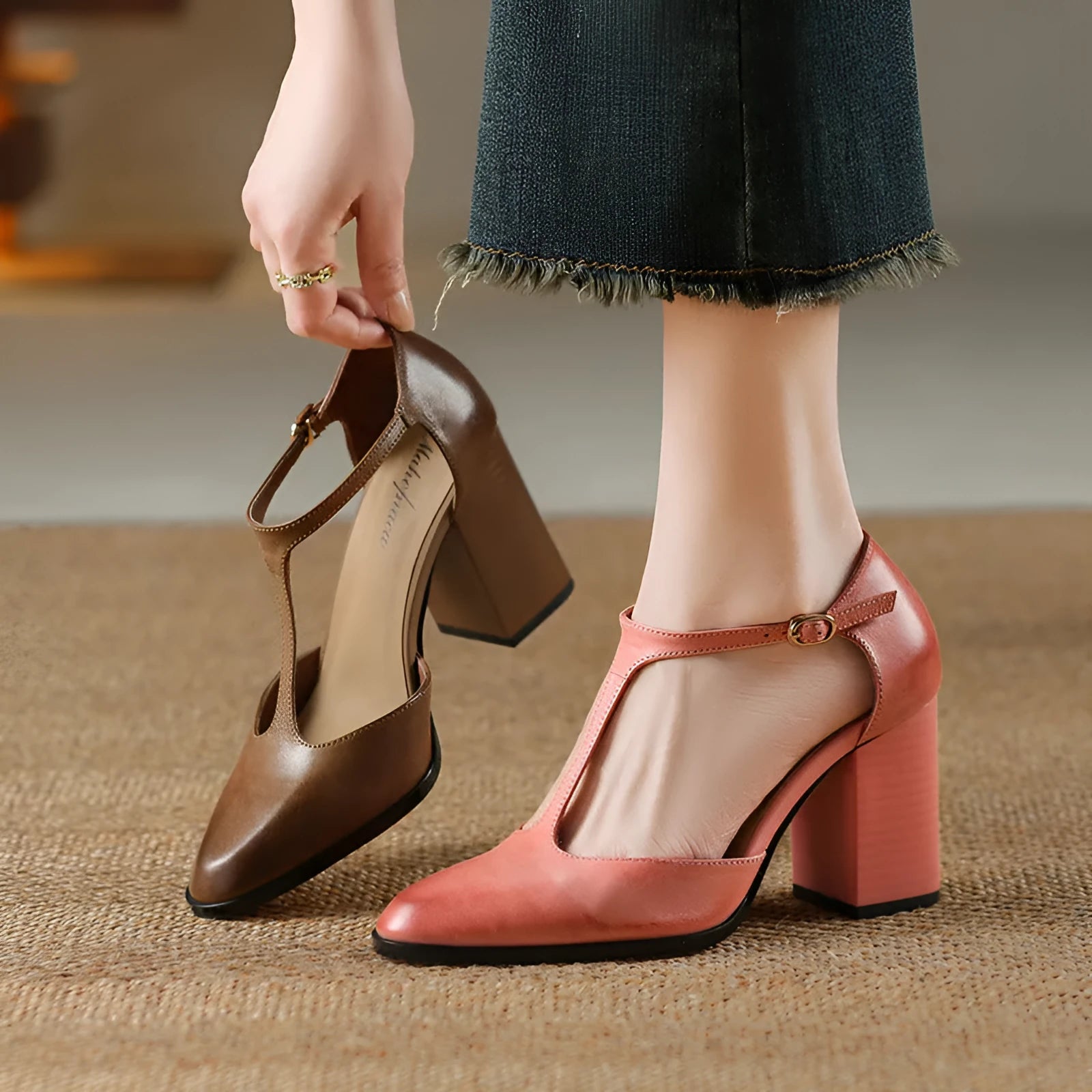 Women's retro pointed-toe Mary Jane shoes with a buckle, in pink or dark brown cowhide.